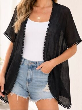 NEW $58 Size OS Steve Madden Black Semi Sheer Lace Trim Cover Up Summer Shrug